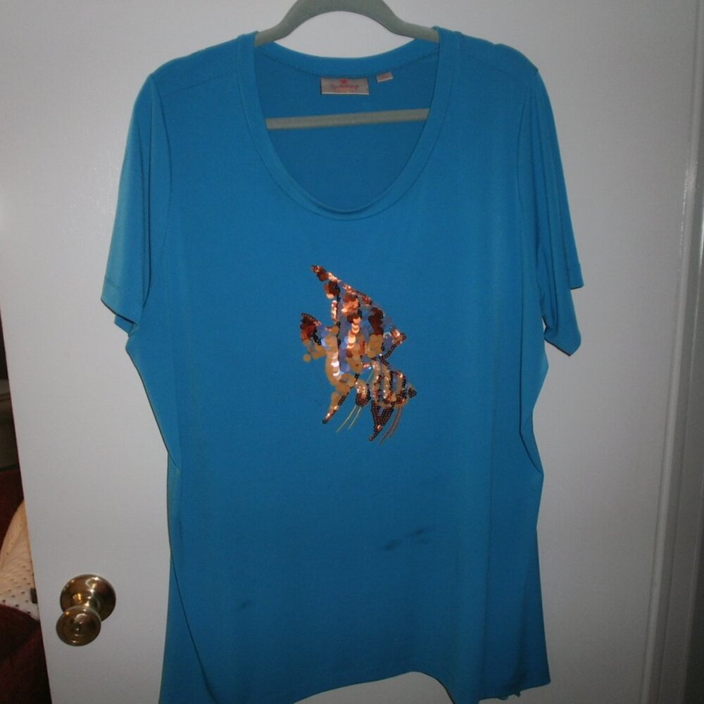 Quacker Factory slinky woman's top with copper fish 1X